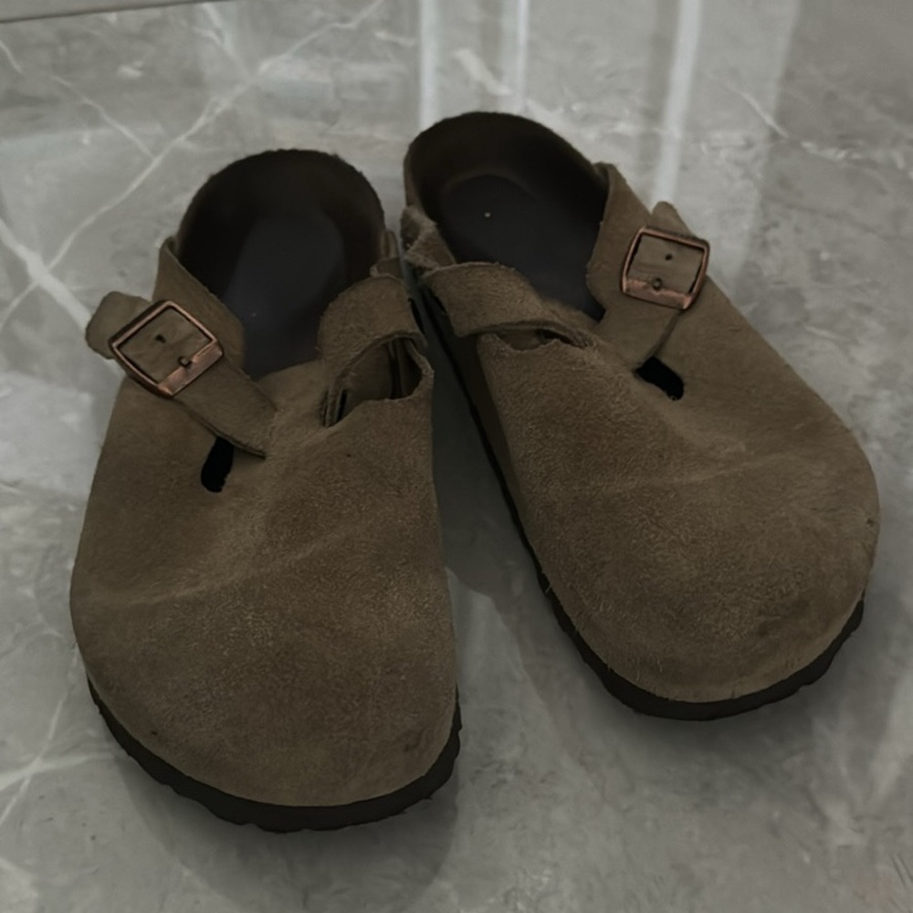 Brown Suede Clogs with Buckle